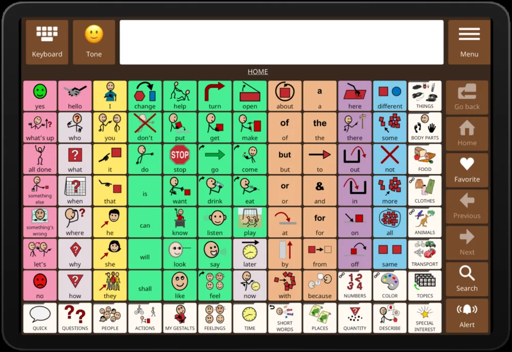 The Avaz home screen: core words laid out in a colour-coded grid