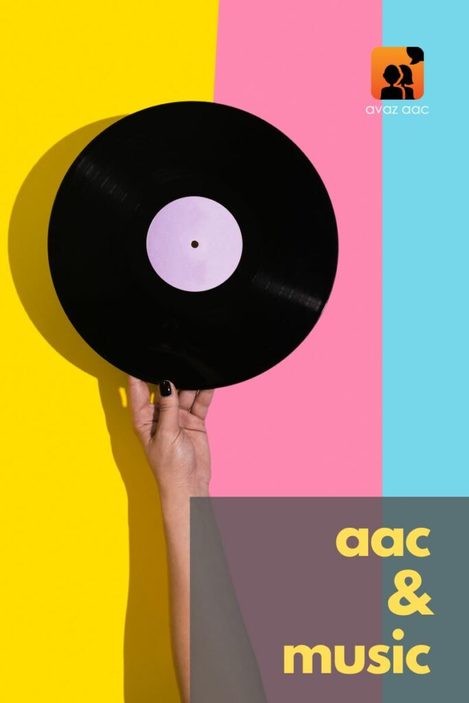 hand holding up a record against a background with three vertical colored stripes