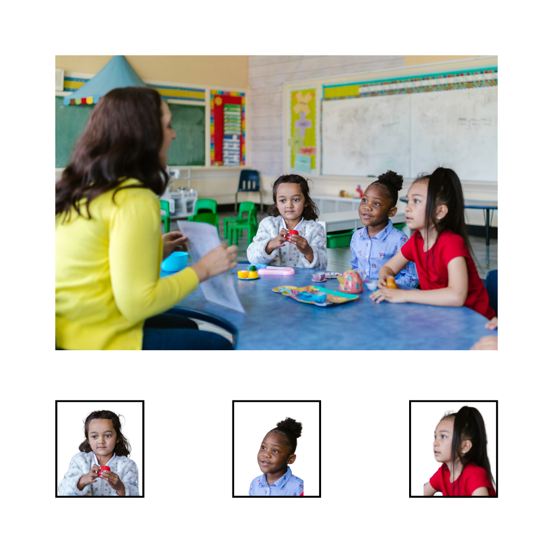 visual screen display of image of 3 friends in a classroom